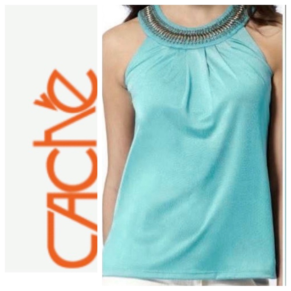 NWT Stunning CACHE Turquoise Halter Style Top With Embellished Neckline Size: S